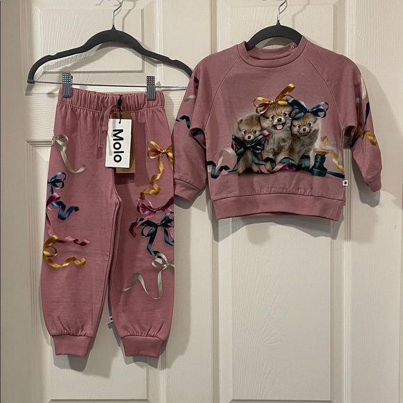 molo disc organic cotton baby sweatshirt ribbon play & matching bottoms NWT